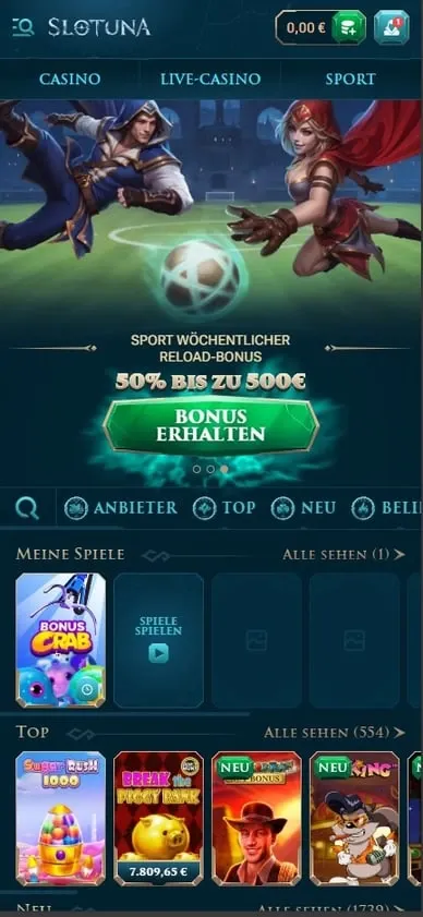 Slotuna Casino lobby with slots and promotions